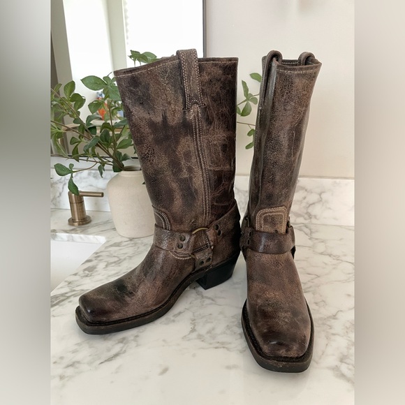 Frye Harness Biker Boots 12R Brown Distressed Leather Size 7 Med Width Moto USA - Picture 11 of 14